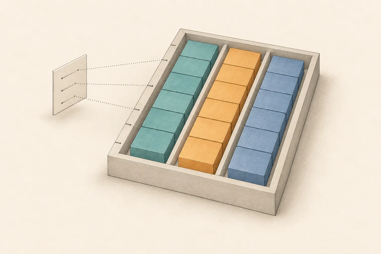 One open tray contains three colored columns with six aligned positions. A separate small index card points into the tray.