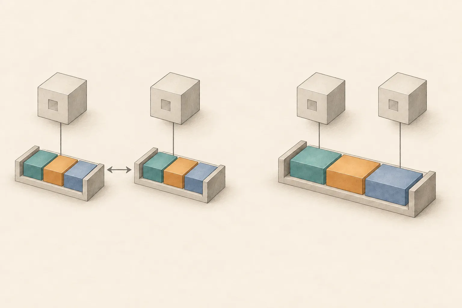 Left: each of two compute blocks connects to its own data tray, and the trays replicate between them. Right: two compute blocks connect to one shared data tray.