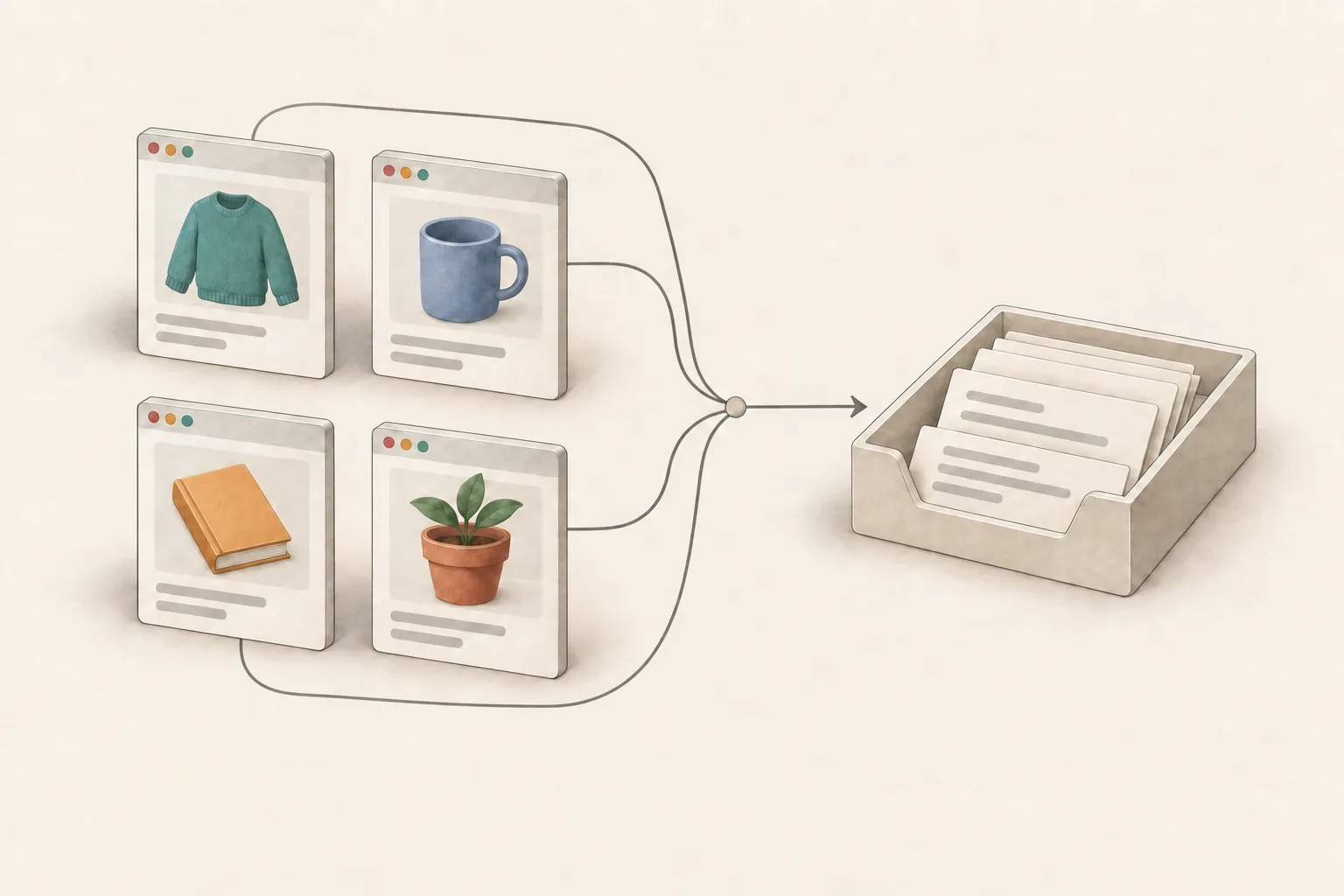 Four online shops send page-view records to one analytics service. Each shop has its own path into the shared collection of records.