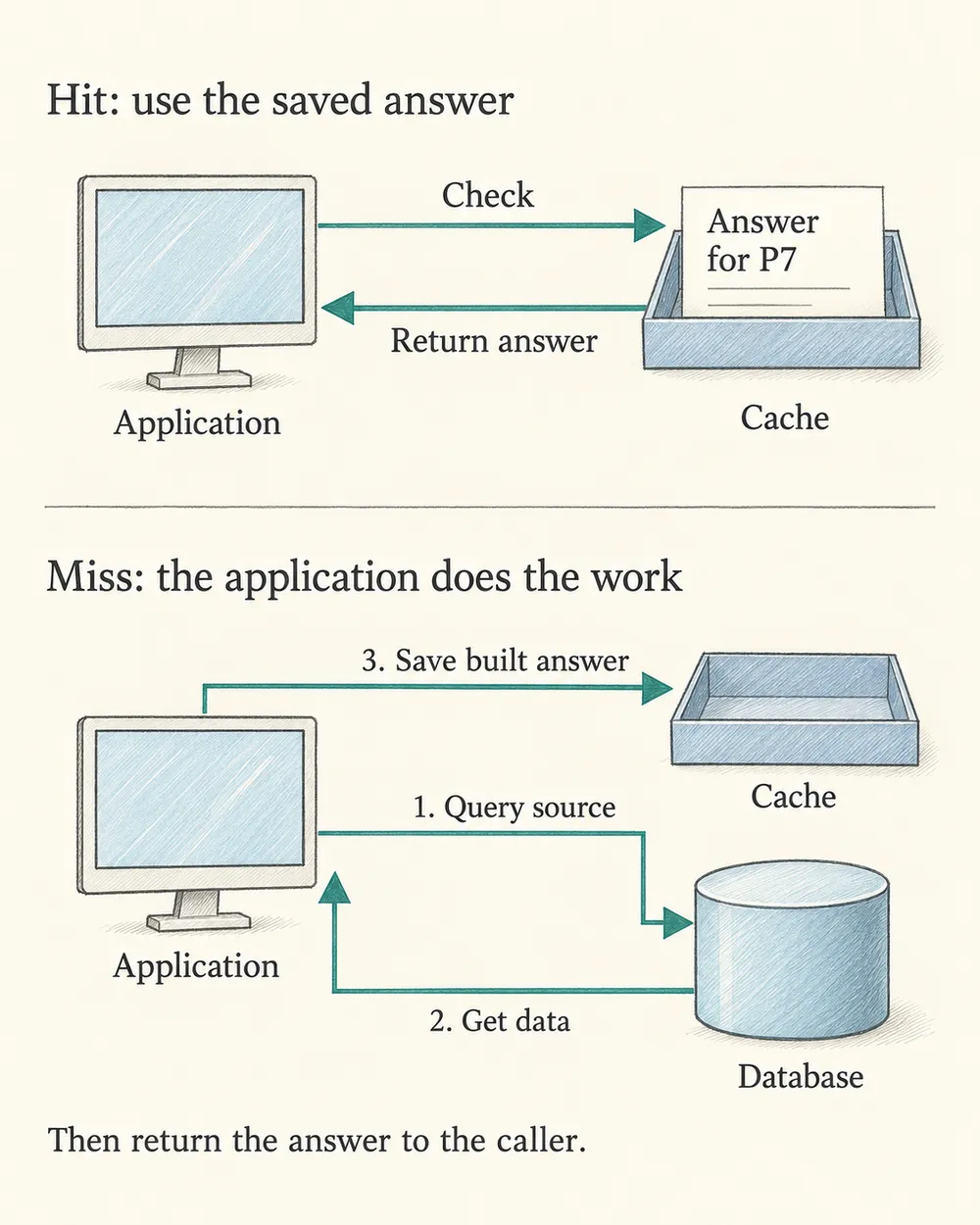 Hit: the application checks a cache holding an answer for P7, and the cache returns that answer. Miss: step 1, the application queries the database; step 2, the database returns data to the application; step 3, the application saves its built answer in the cache. The application then returns the answer to its caller. There is no direct connection between cache and database.
