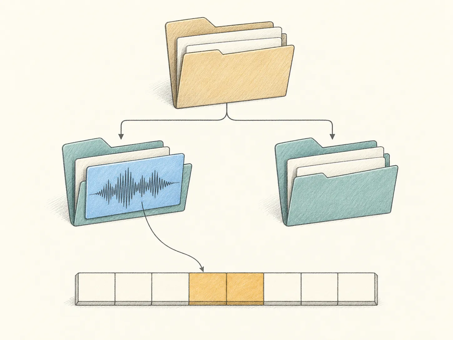A directory branches into recordings and exports. A recording inside the left folder is enlarged into a strip with two portions marked for change.