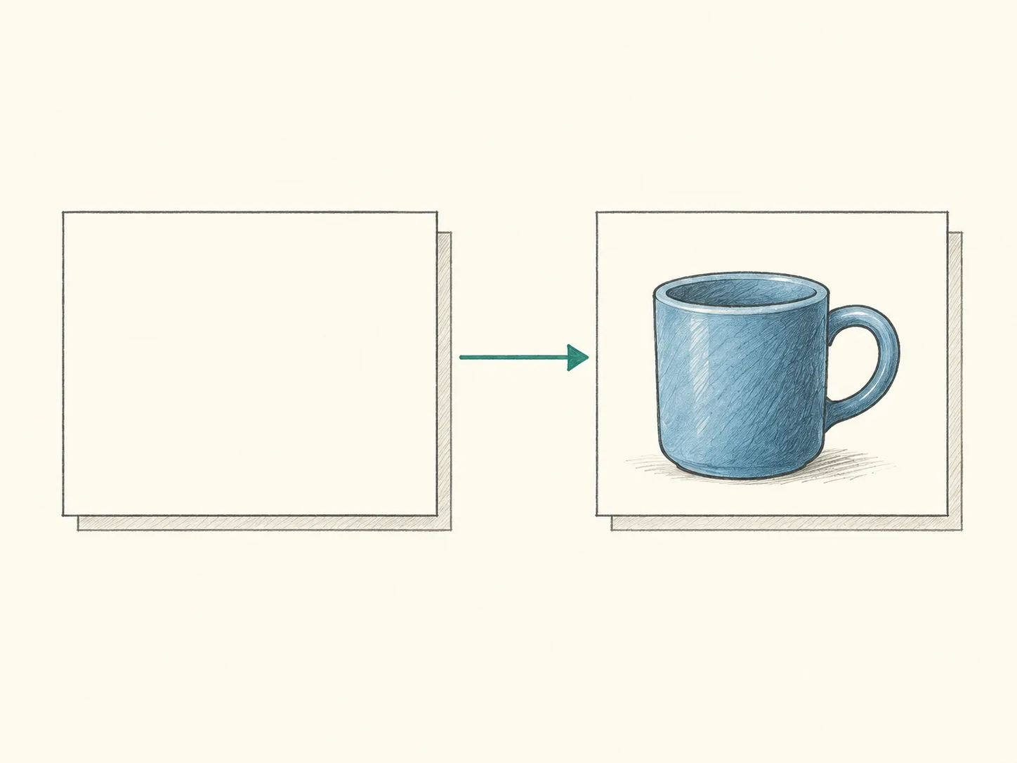 A product record points to a separate photograph of a blue mug.