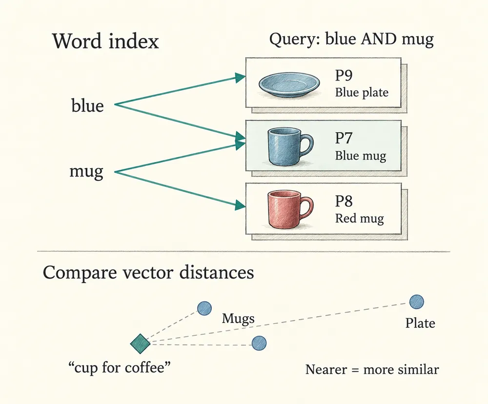 A word index links blue to P9, a blue plate, and P7, a blue mug. It links mug to P7 and P8, a red mug. P7 contains both words in the query blue AND mug. Below, a diamond for the query “cup for coffee” has shorter distance guides to two mug points than to a plate point. All three candidate points use the same colour; no result boundary is drawn.